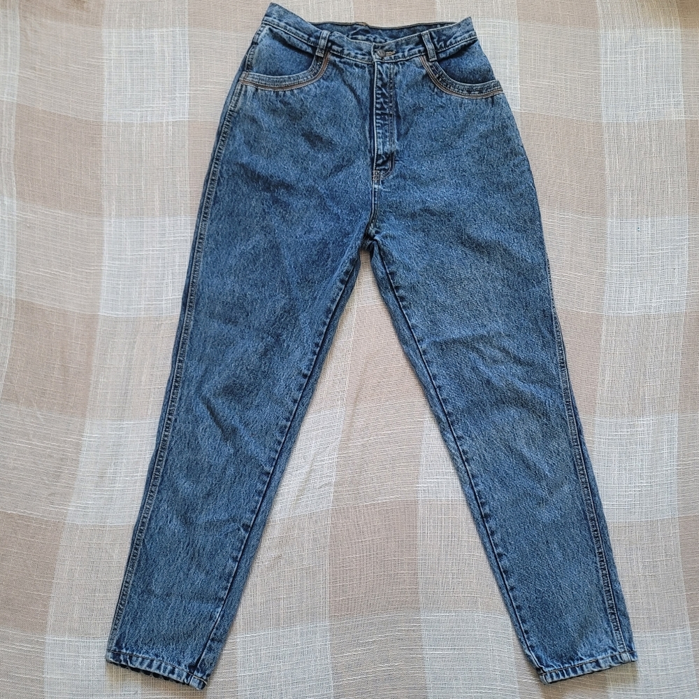 Vintage Western Coastal Cowgirl Alt Leather Trimmed High Rise Denim Mom Jeans - Picture 2 of 14